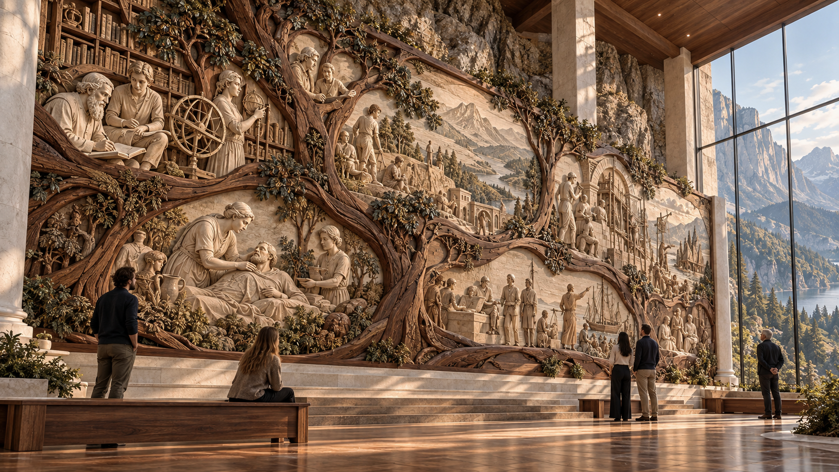 Visitors contemplate a monumental carved mural of care, scholarship and exploration, woven through wooden branches in a sunlit mountain gallery.