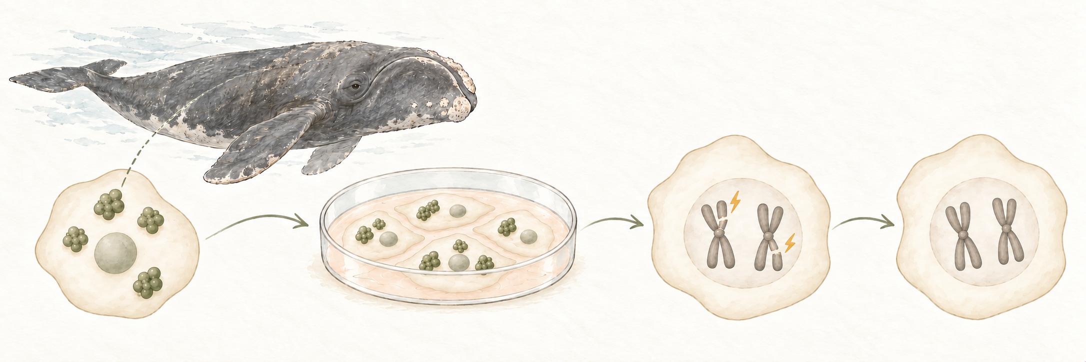 Bowhead whale cell factor studied in human cells, followed by an illustration of DNA damage and repair.