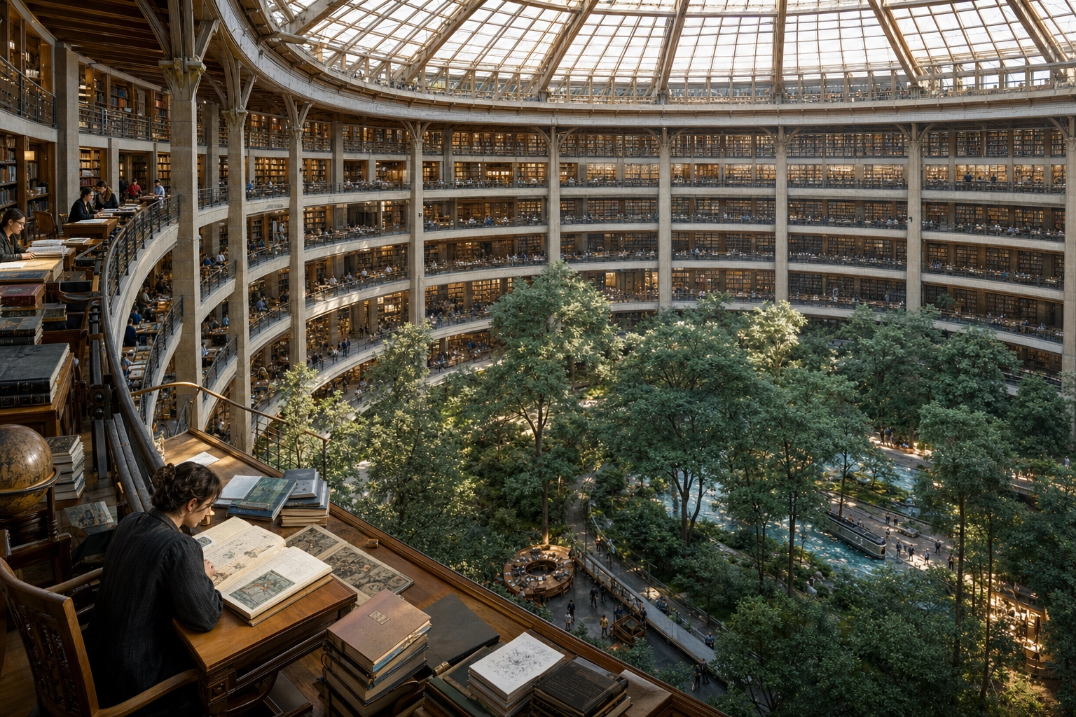 Readers work around a many-level library enclosing a living courtyard.