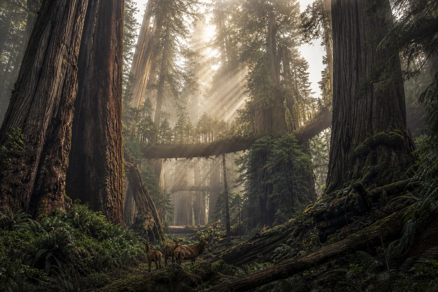 Light filters through a mature forest, with ferns and deer beneath the great trees.