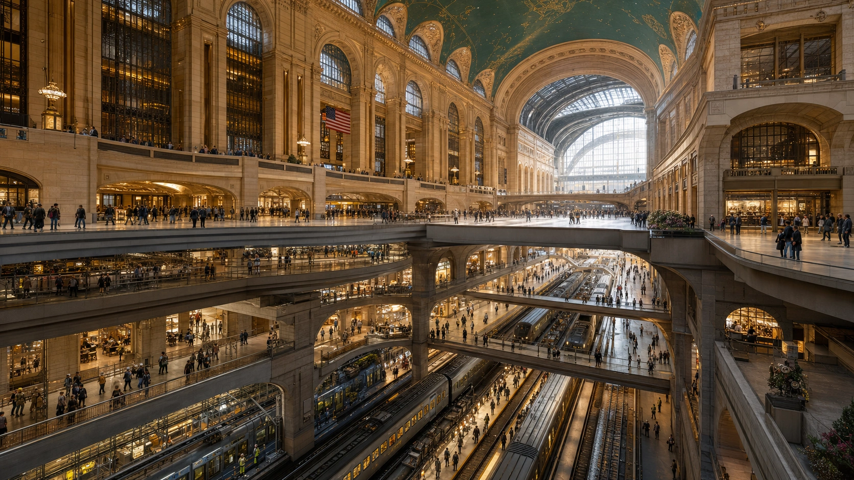 People and trains move through the many connected levels of a grand station.