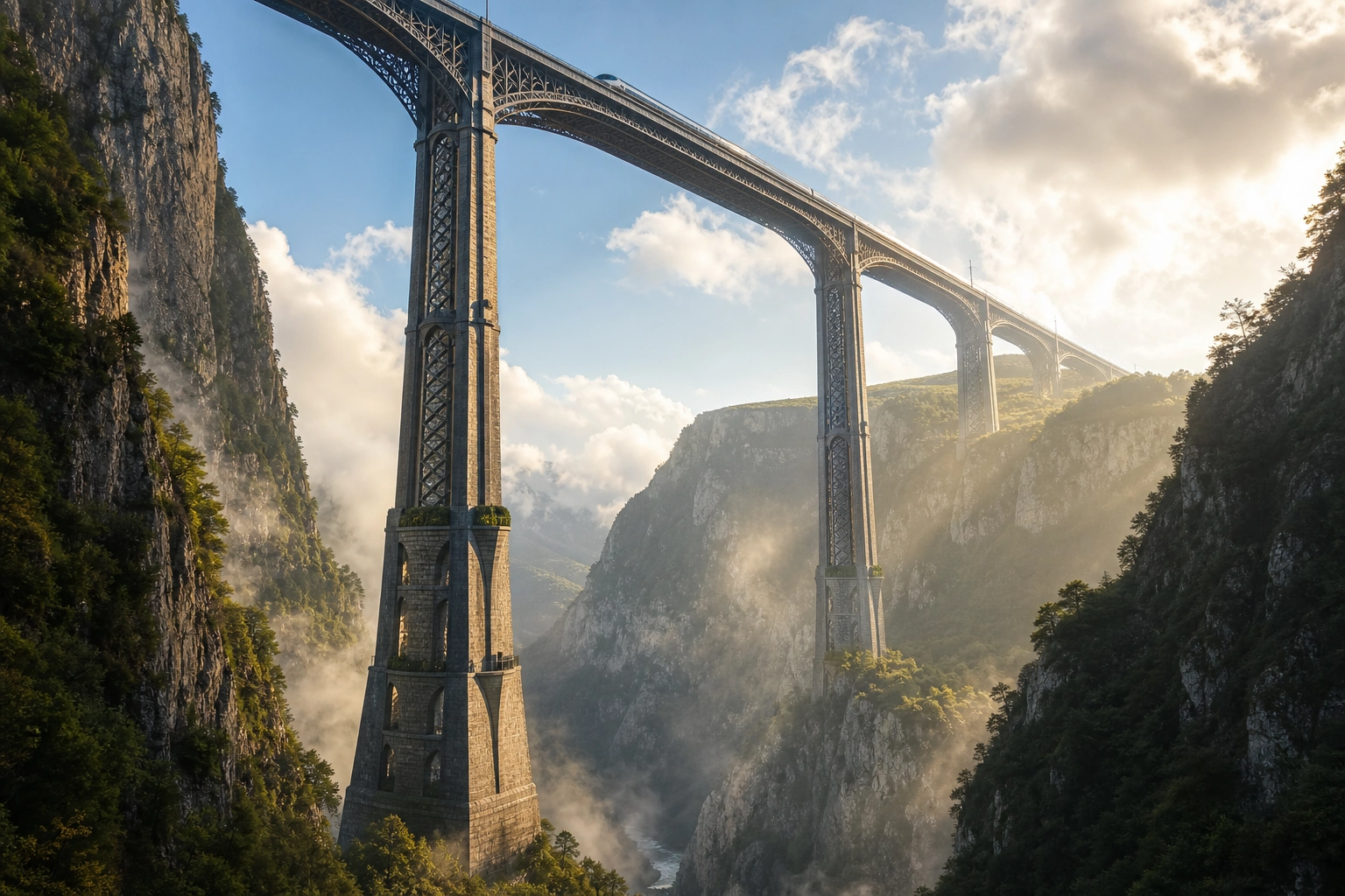 A monumental viaduct crosses a deep, sunlit gorge.