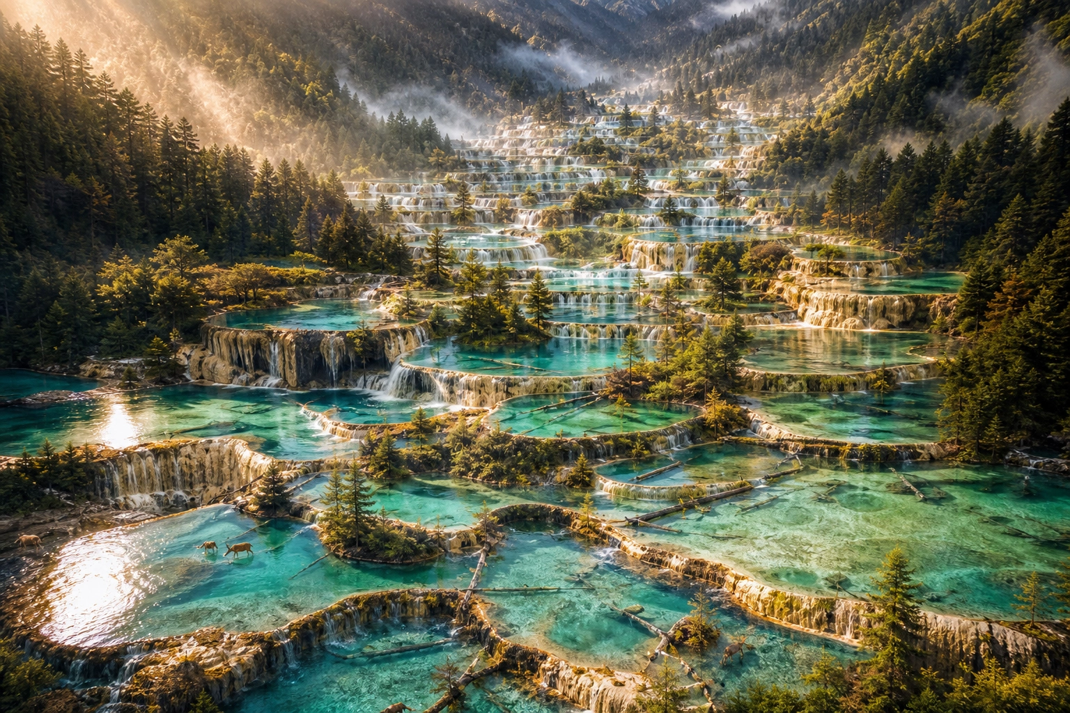 Turquoise mineral terraces step down through a sunlit forested valley.
