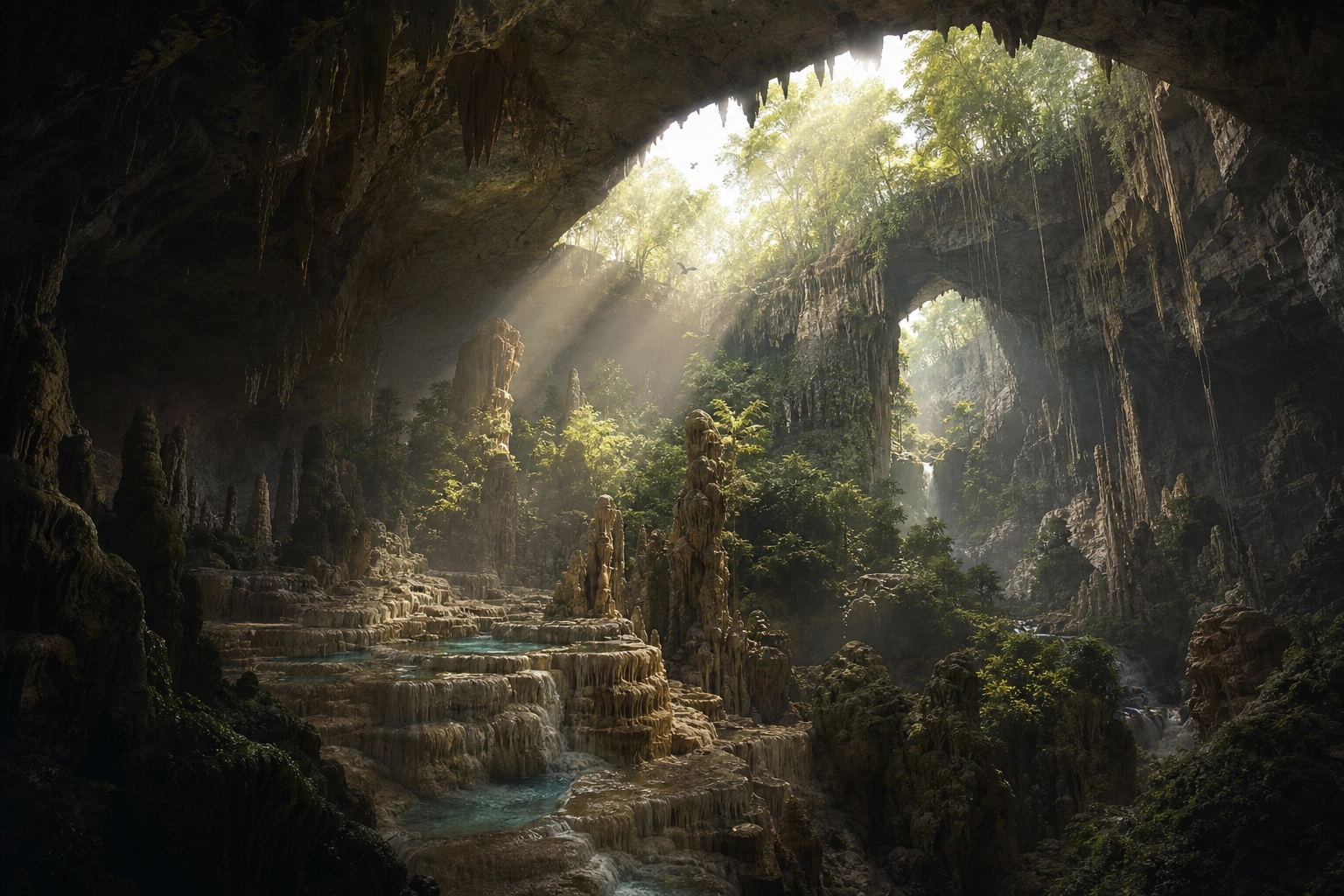 Sunlight reaches a lush garden through a vast stone cavern.