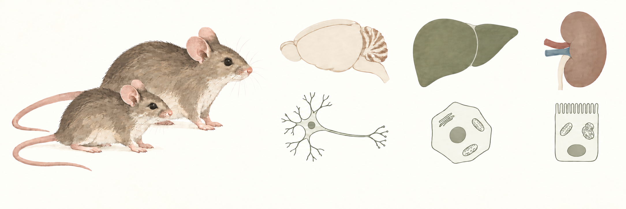 PanSci atlas illustration: mice across ages, with brain, liver and kidney examples among 14 organs and 21.8 million profiled cells.
