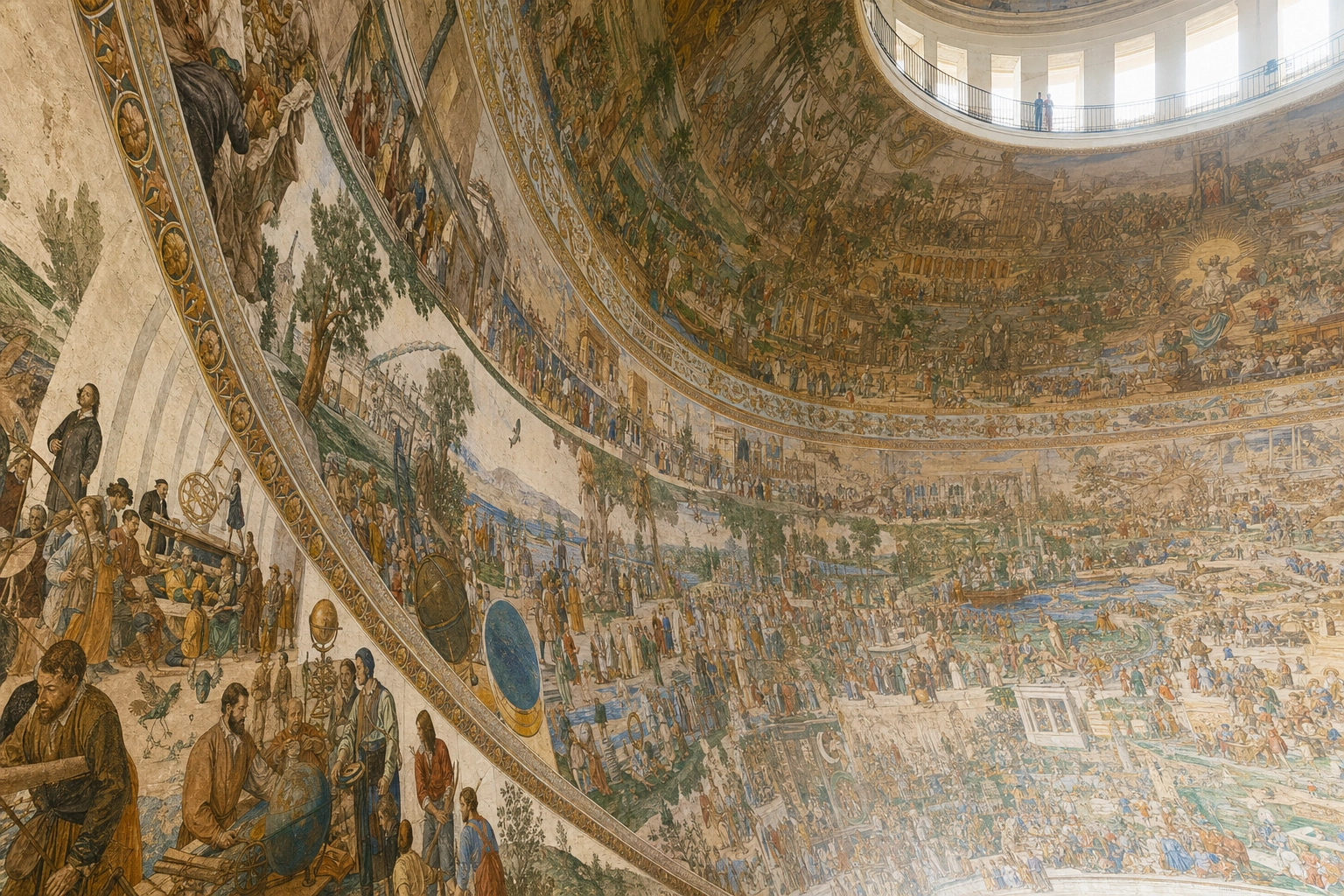 A skylit circular hall holds a mural of human history.