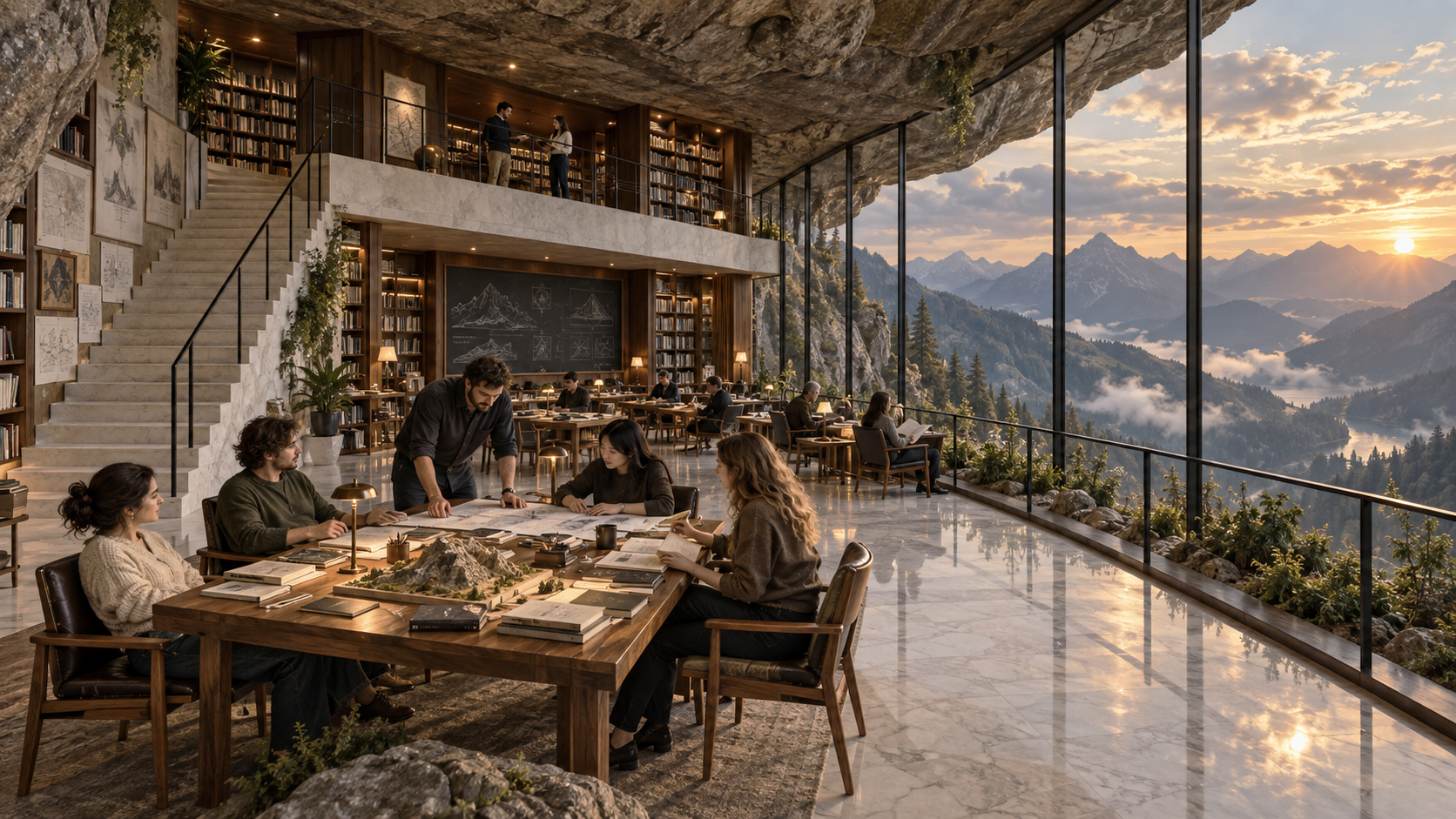 People study around tables in a mountainside library of wood and marble.