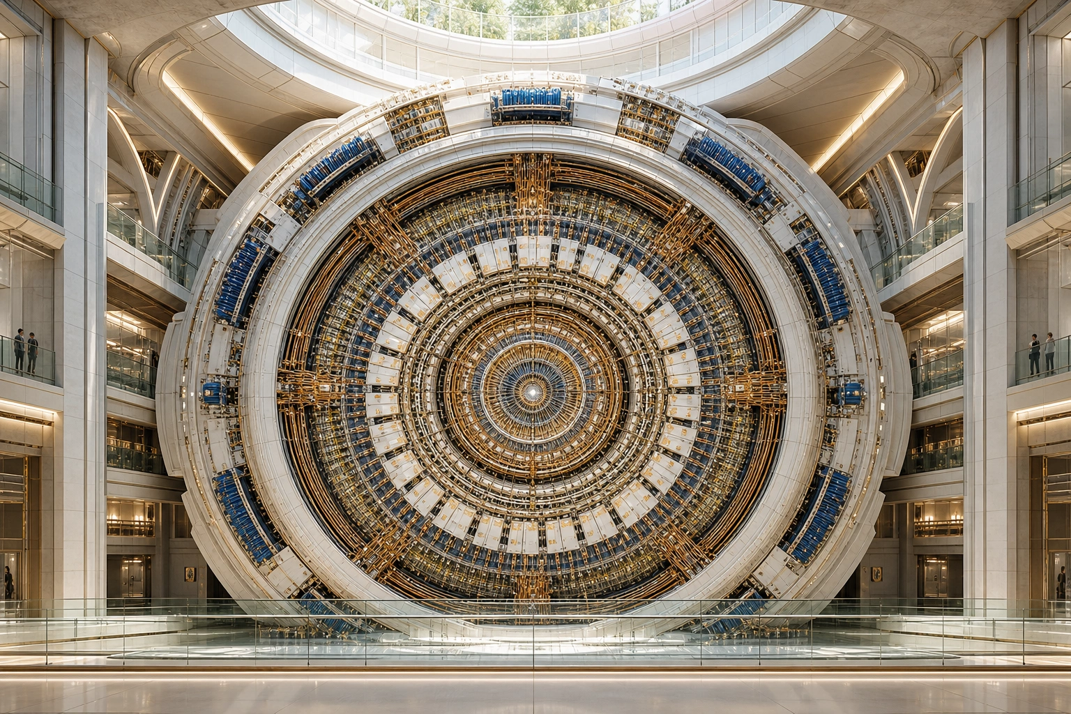 An imagined precision instrument fills a bright, many-level hall.