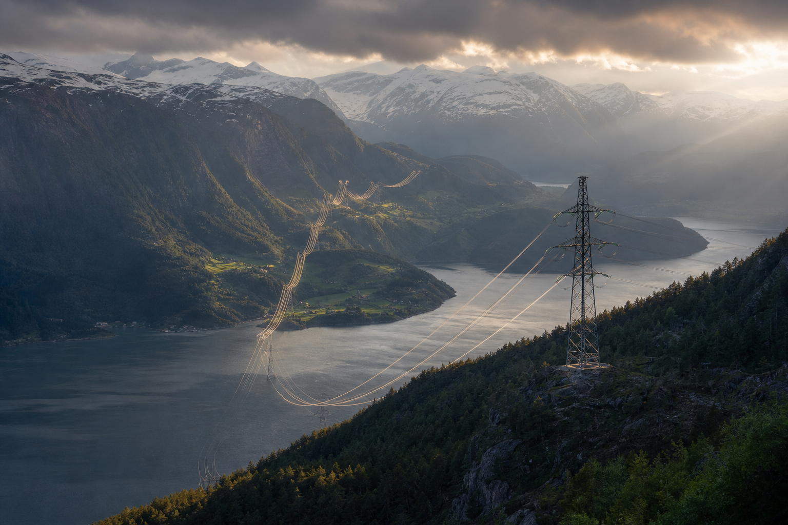 Sunlit power lines span a mountain fjord beneath snow-covered peaks and dramatic clouds.