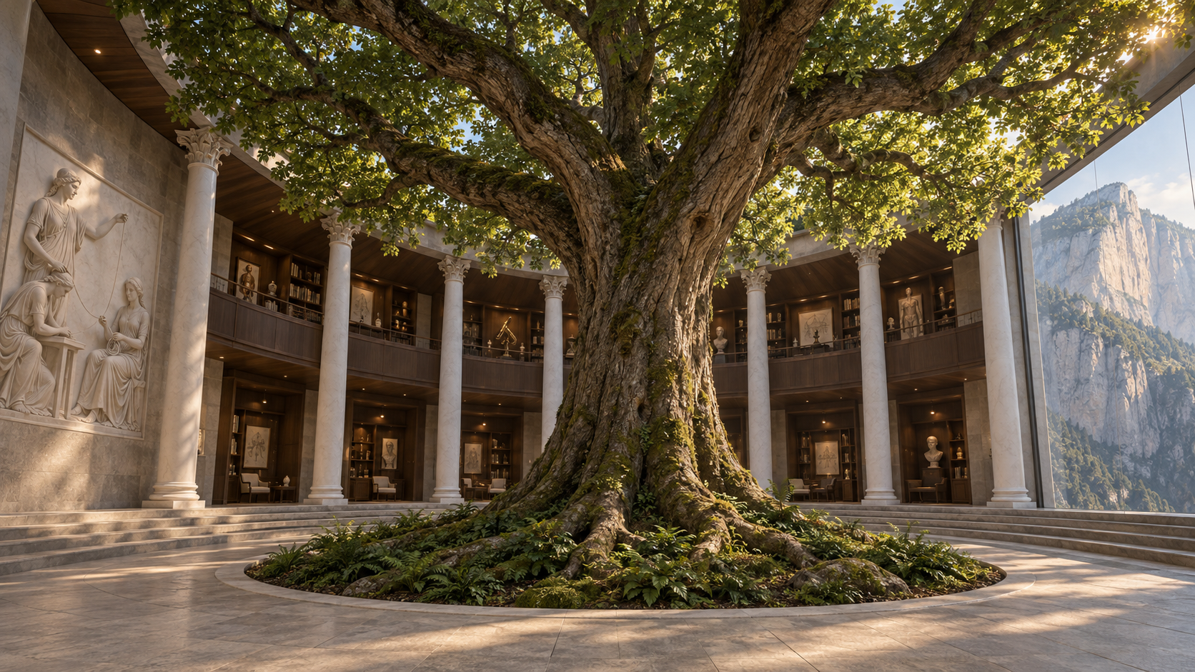 A mature tree rises in a marble and timber atrium overlooking mountains.