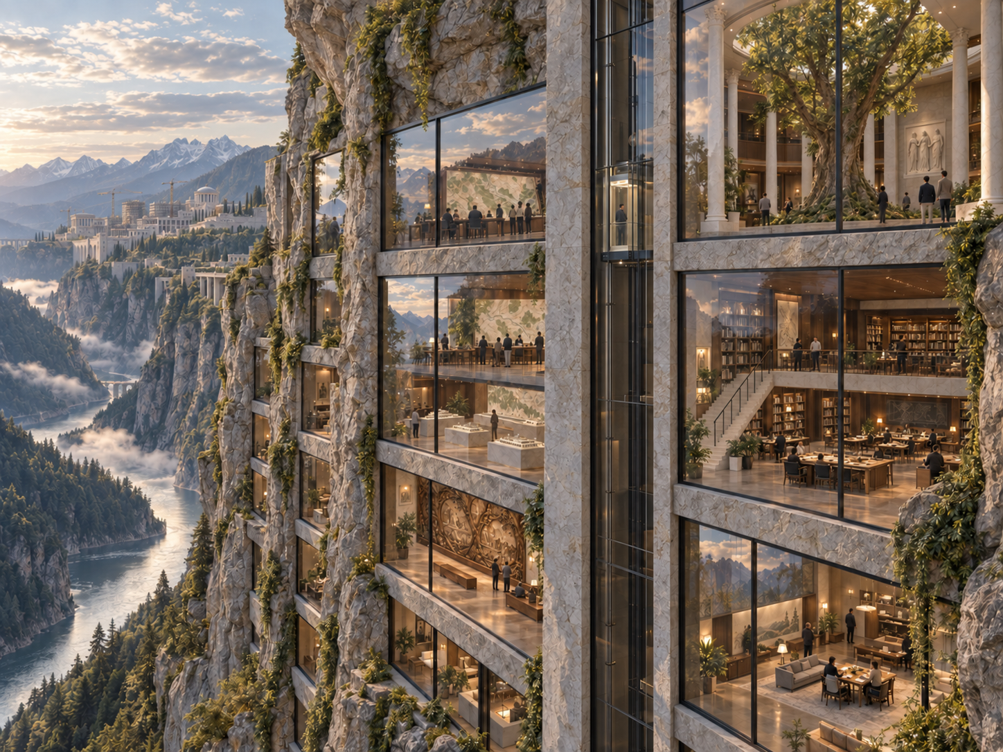 Timber-lined libraries, map rooms and galleries built into a limestone cliff on the right, overlooking a sunlit mountain valley on the left.