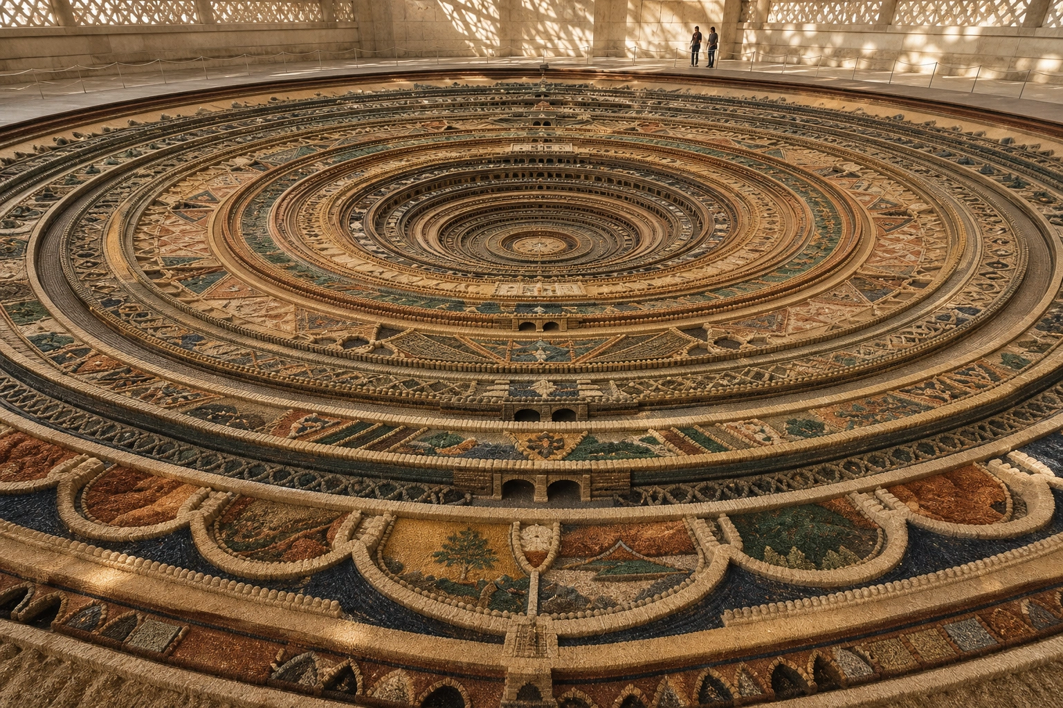 Intricate concentric layers of carved craft form a large model watched by visitors.