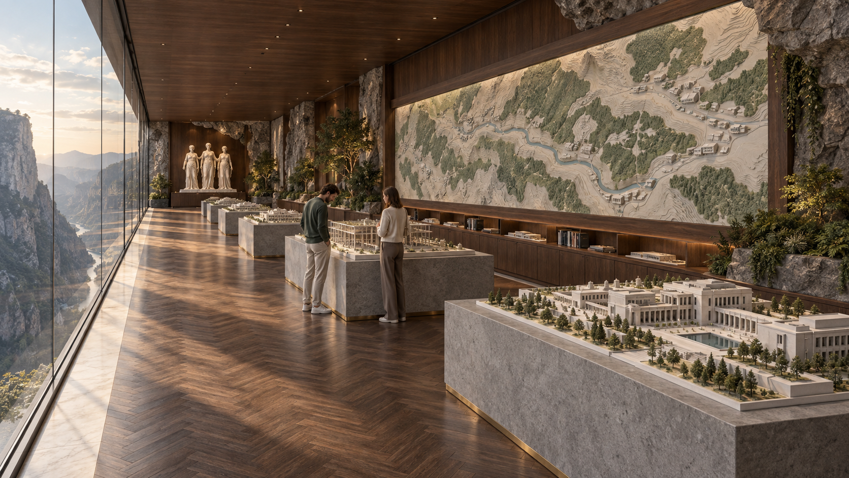 Architectural models in a mountain-facing gallery of wood and stone.