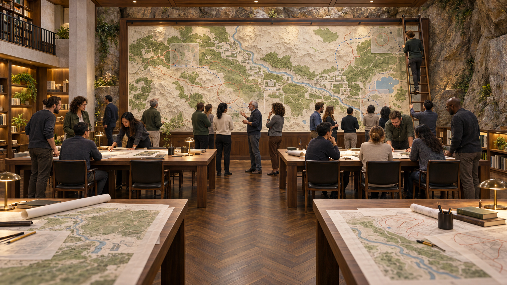 People collaborate around wooden tables and a large wall map in a stone and timber mountainside workroom.