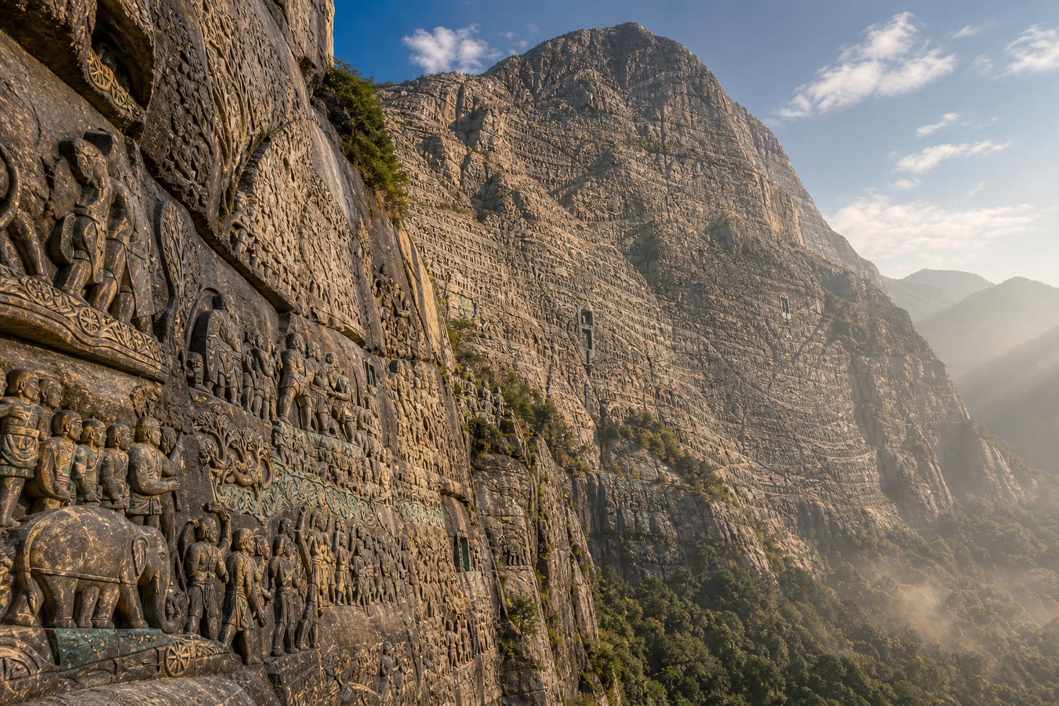 Sunlit mountain cliffs carved with figures and historical reliefs rise above a forested valley.
