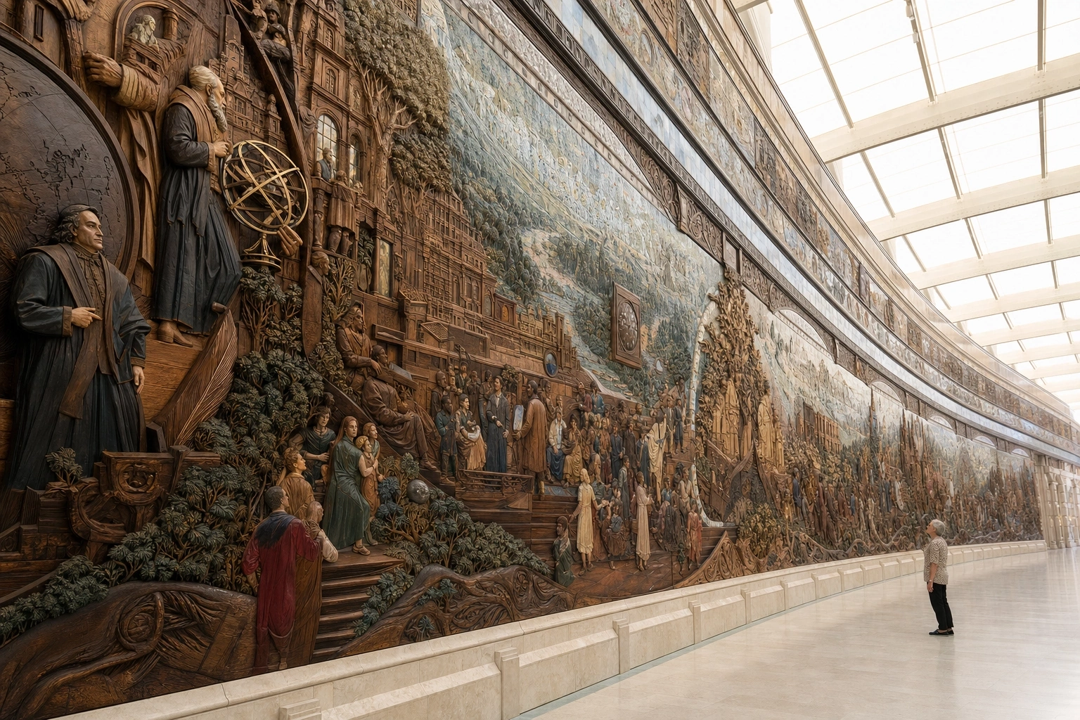 A visitor studies a monumental carved wall of people, trees and architecture.