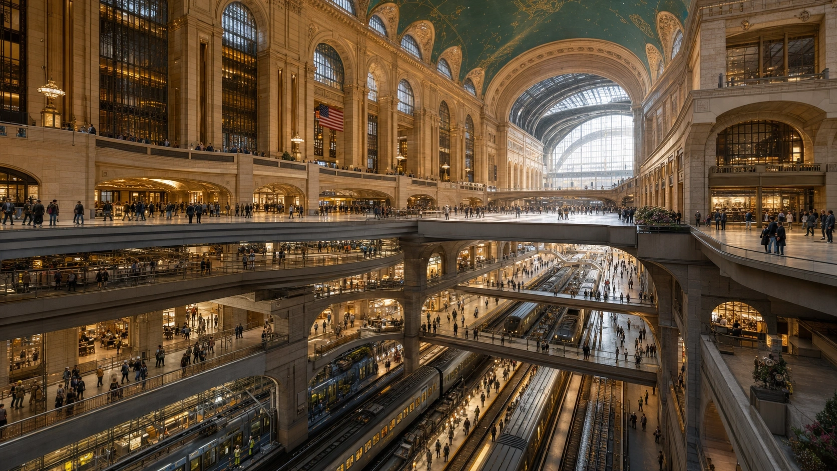 People and trains move through the many connected levels of a grand station.