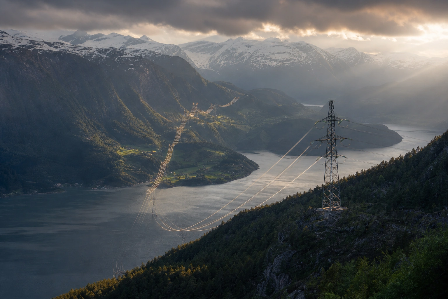 Sunlit power lines span a mountain fjord beneath snow-covered peaks and dramatic clouds.