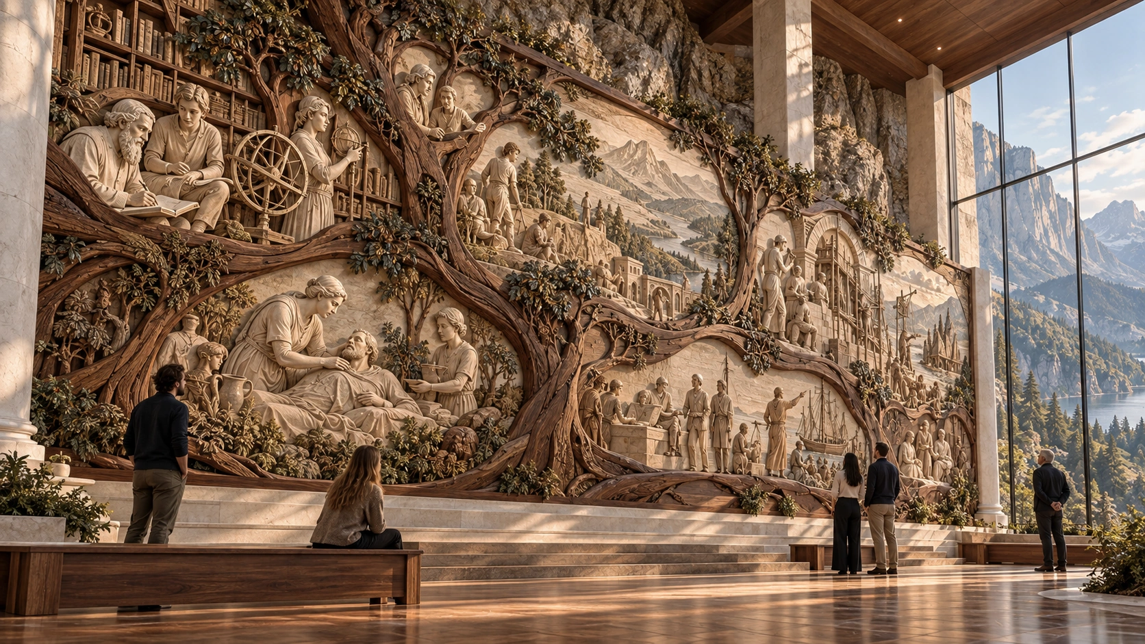Visitors contemplate a monumental carved mural of care, scholarship and exploration, woven through wooden branches in a sunlit mountain gallery.