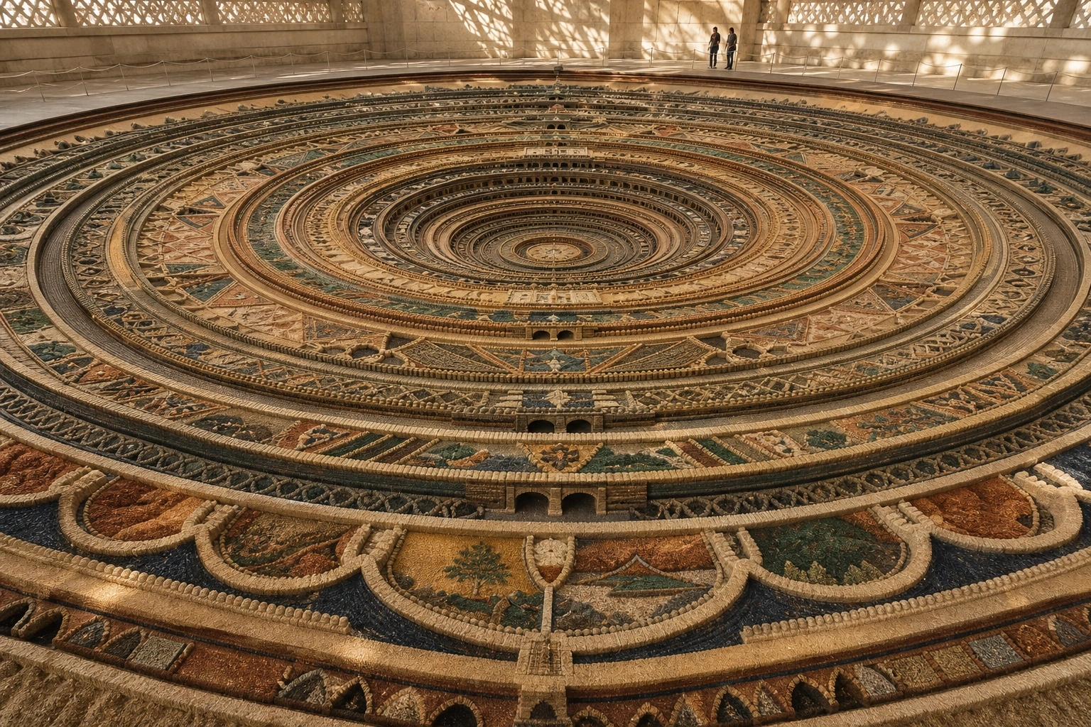 Intricate concentric layers of carved craft form a large model watched by visitors.